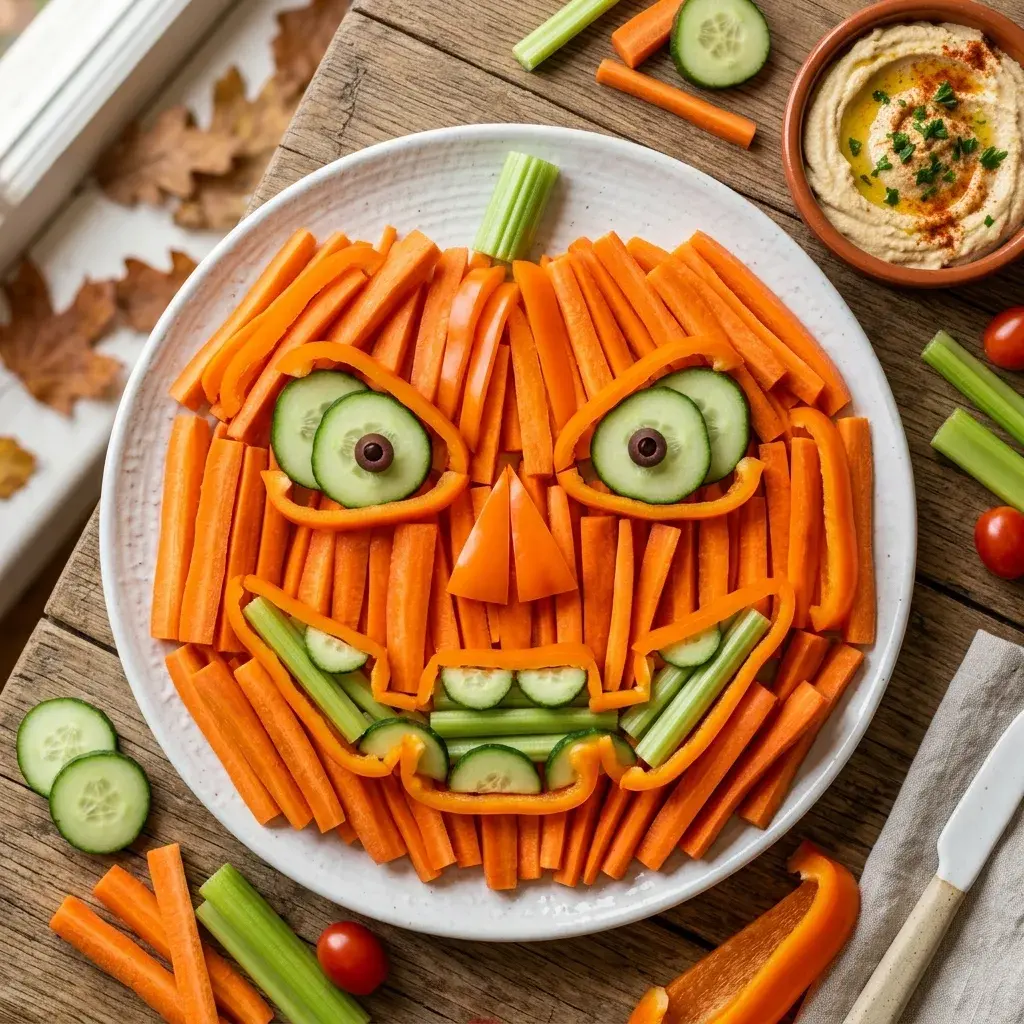 A white plate holding a jack-o'-lantern face made from carrot sticks, cucumber slices, and orange bell peppers, served with a small bowl of hummus on a wooden table.