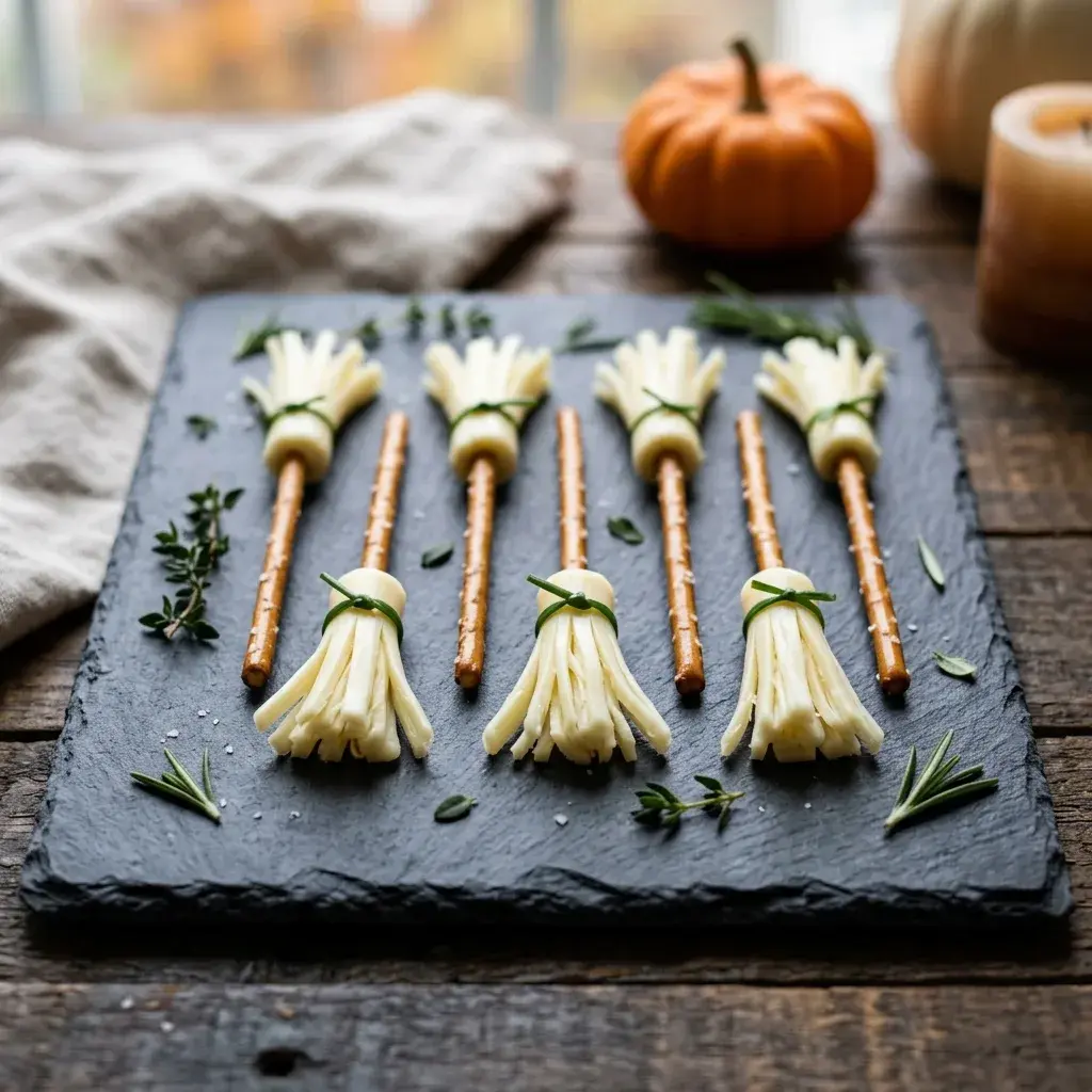 A slate platter holding cheese broomsticks made with pretzel rods and shredded cheese, garnished with fresh herbs and set near a small pumpkin.
