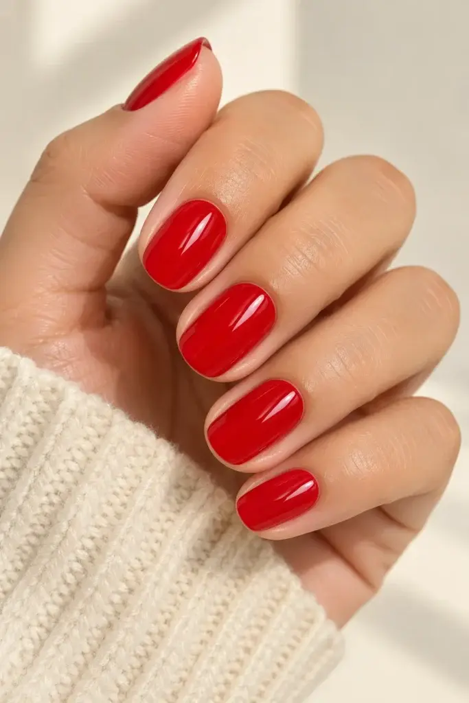 A close-up of a hand with short, almond-shaped nails painted in a glossy, bright red polish, resting against a cream-colored knit sweater.
