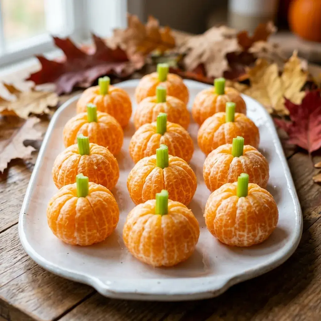 A white platter holds peeled clementines with small green stems inserted to look like pumpkins, set on a wooden table with dried autumn leaves in the background.
