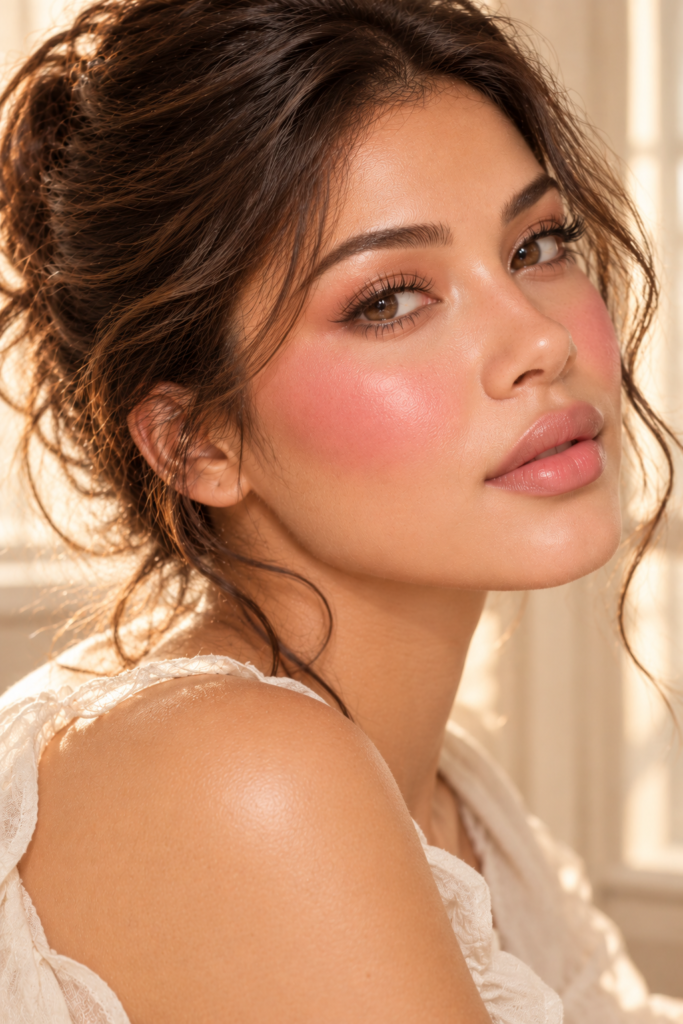 A close-up profile shot of a woman with dark hair wearing a white lace top, showing a soft pink blush on her cheek and glossy lips in warm natural light.