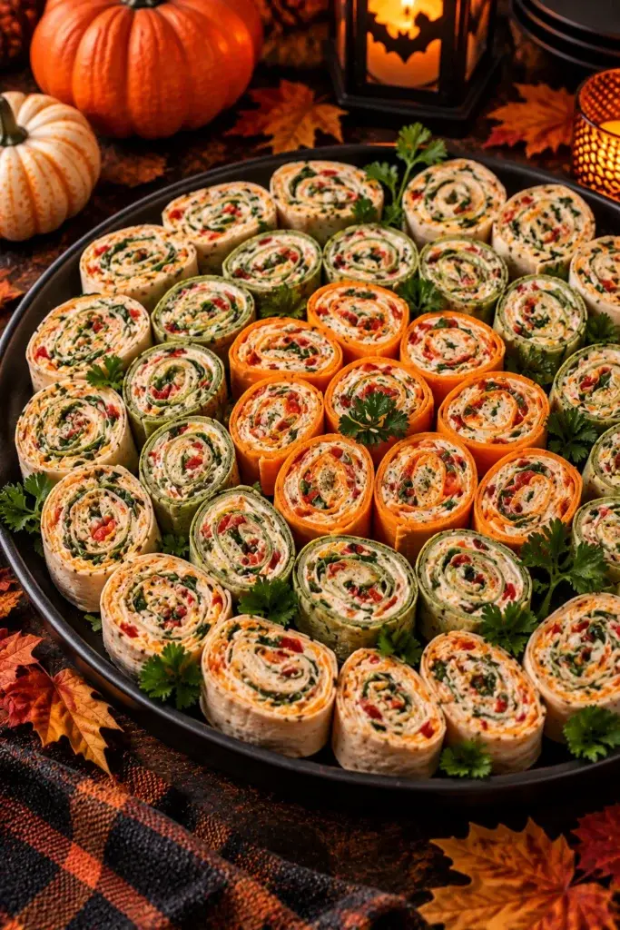 A platter of tortilla pinwheels with spinach, tomato, and cream cheese, arranged in orange, green, and white sections with parsley garnish.