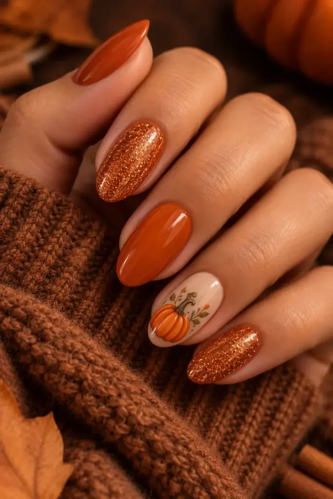 Copper glitter manicure with pumpkin-orange polish and a pumpkin accent nail.