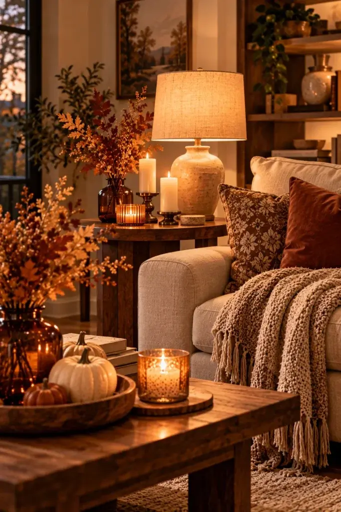 A warm living room corner featuring a beige sofa with a chunky knit throw, floral pillows, and a side table holding lit candles and dried autumn foliage.