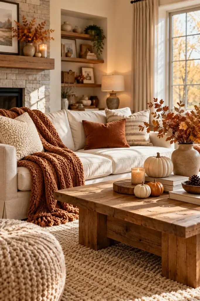A warm living room featuring a white sofa with a chunky brown knit throw, a rustic wooden coffee table with pumpkins and candles, and a stone fireplace with fall decor.