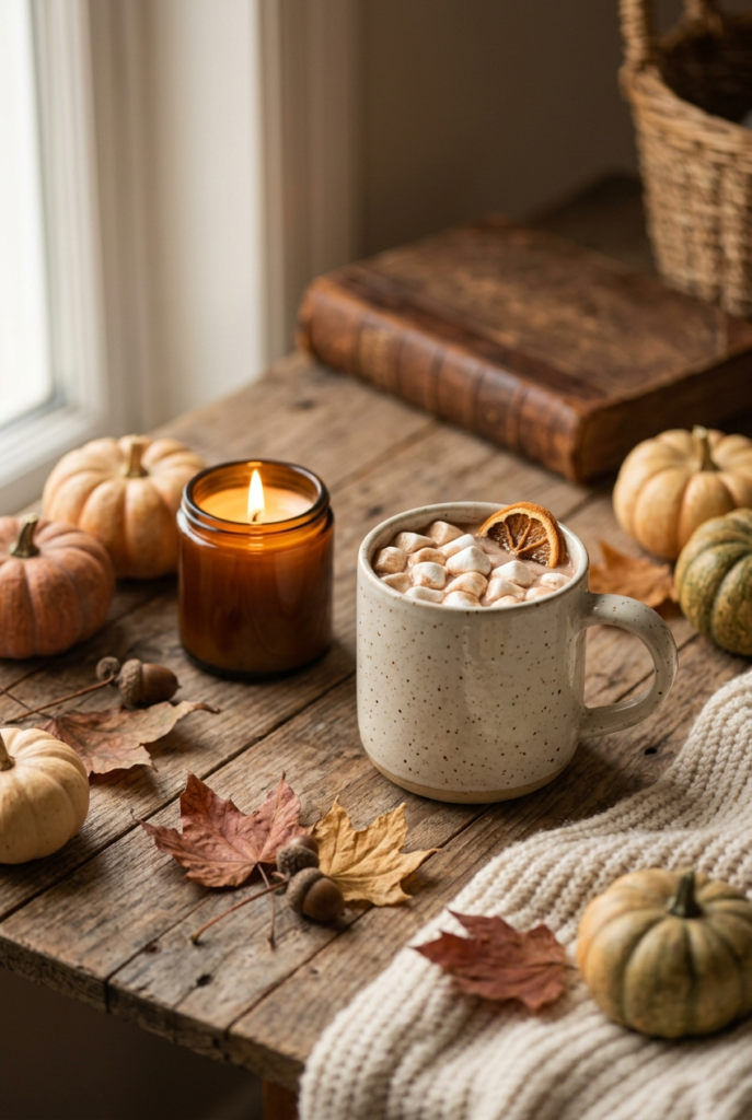 A rustic wooden table decorated with small pumpkins, a lit amber candle, a mug of hot chocolate with marshmallows, and scattered dried leaves.