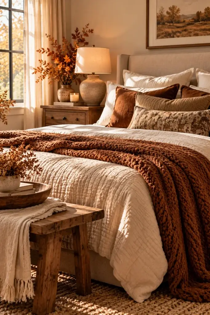 A bedroom scene featuring a bed with a chunky brown knit throw, a rustic wooden bench, and a vase of dried autumn leaves on a nightstand.
