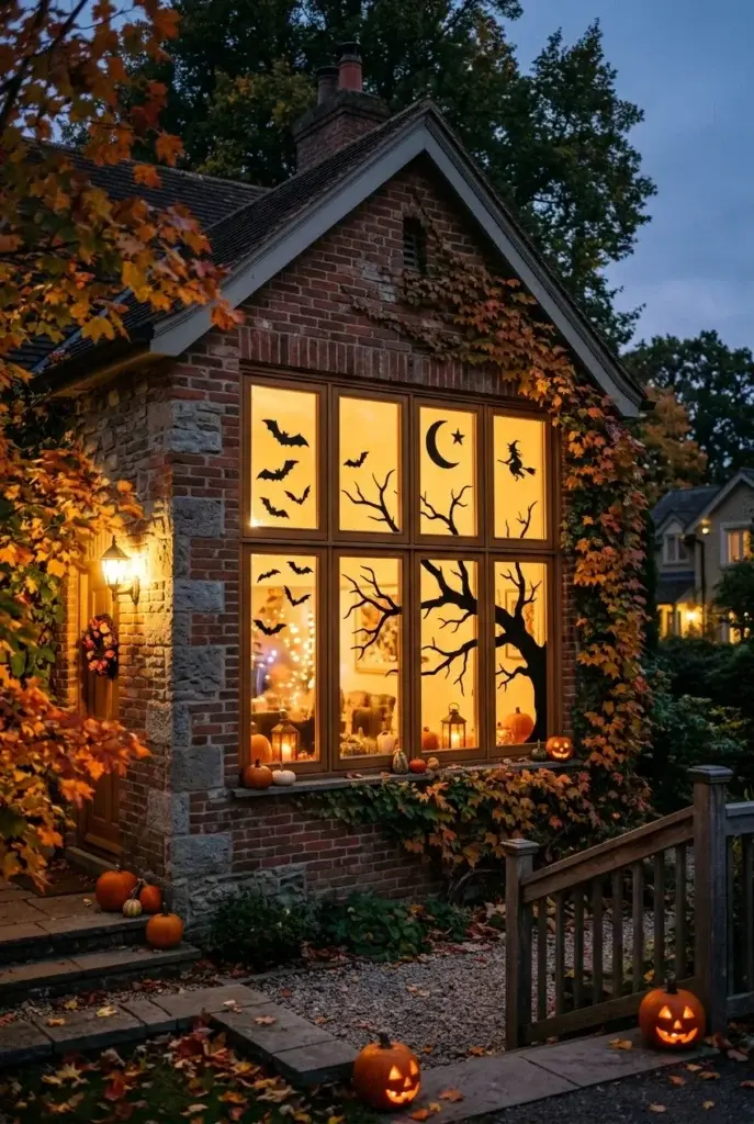 A brick house with ivy, lit windows featuring bat, moon, witch silhouettes, and pumpkins on the porch and steps.