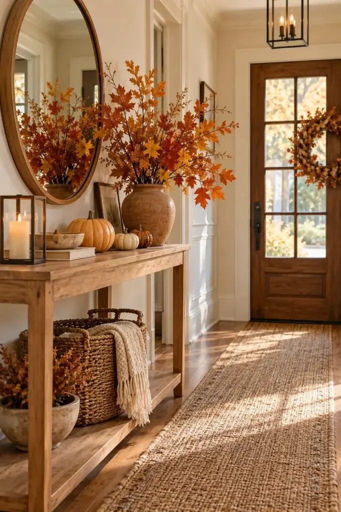 A wooden console table in a hallway decorated with pumpkins, a candle, and a vase of orange maple leaves, with a woven rug on the floor.