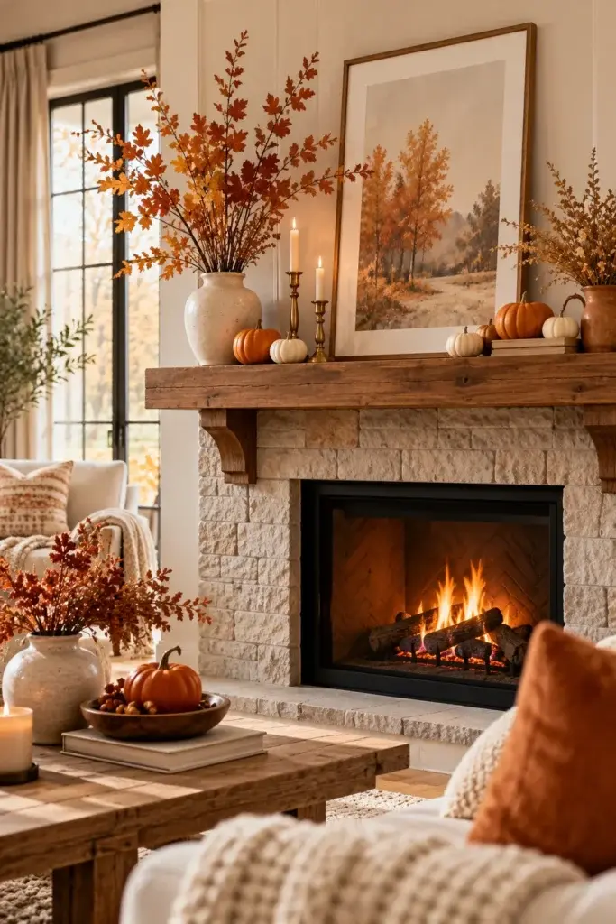 A stone fireplace with a lit fire, featuring a rustic wooden mantel decorated with pumpkins, candles, and autumn branches.
