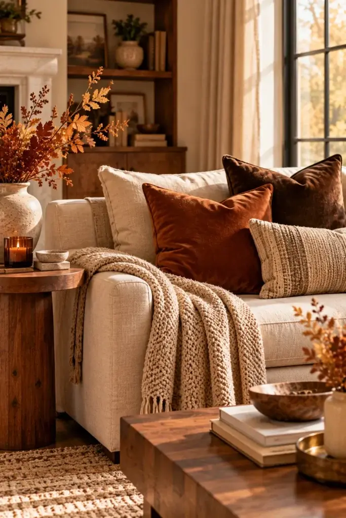 A beige sofa styled with rust velvet pillows, a chunky knit throw, and dried autumn branches on a wooden side table.