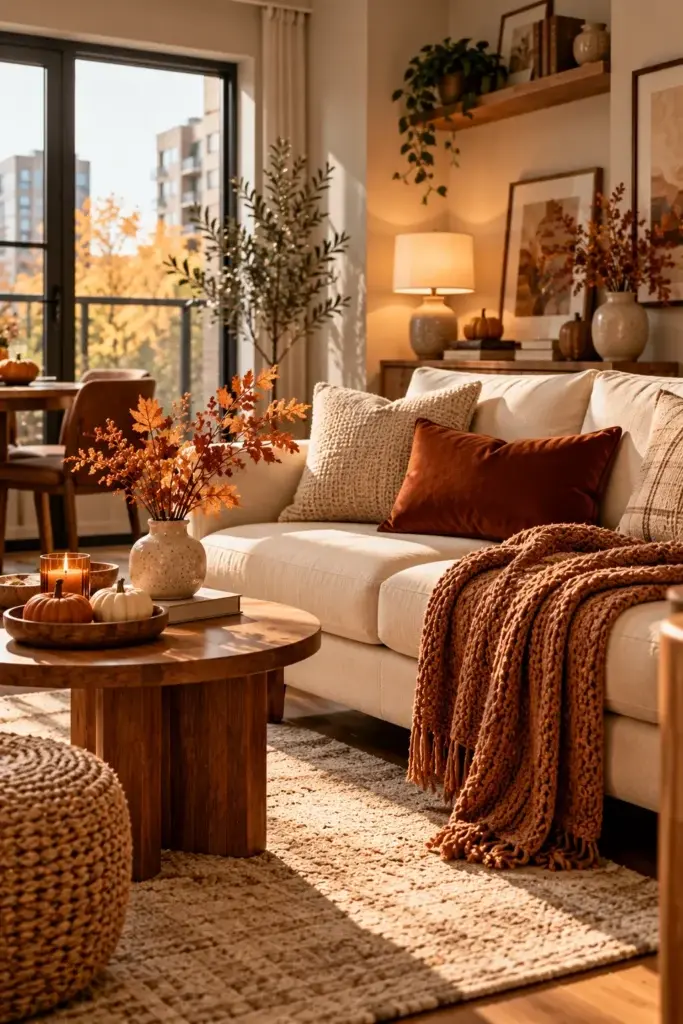 A living room styled for autumn with a cream sofa, rust-colored velvet pillow, chunky knit throw, and a wooden coffee table holding a vase of orange leaves and small pumpkins.