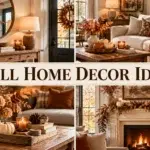 A collage of four fall living room scenes featuring pumpkins, dried florals, warm lighting, and a fireplace mantel decorated with autumn garlands.