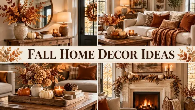 A collage of four fall living room scenes featuring pumpkins, dried florals, warm lighting, and a fireplace mantel decorated with autumn garlands.