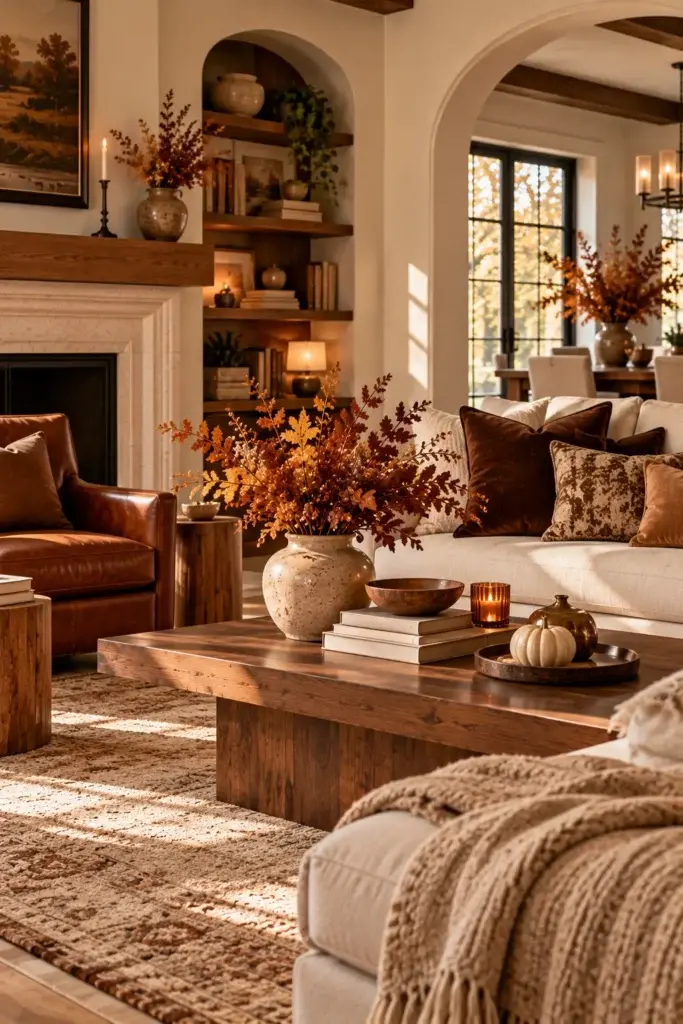 A warm living room featuring a leather armchair, rustic wooden coffee table, and fall decor including dried branches, small pumpkins, and a chunky knit throw.