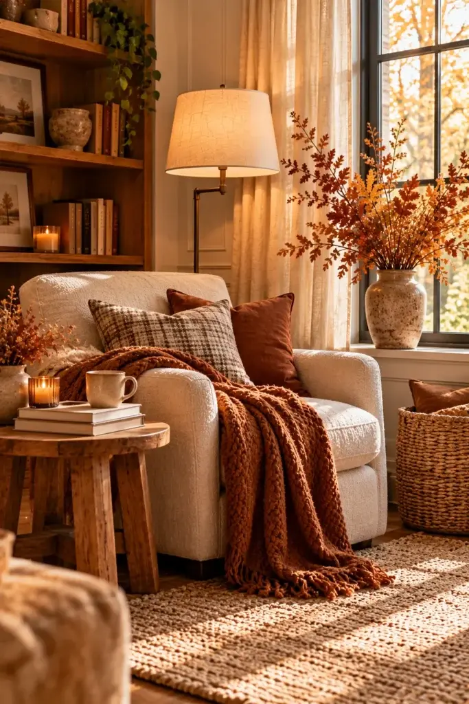 Armchair draped with a rust knit blanket next to a wooden side table, floor lamp, and autumn foliage by a window.