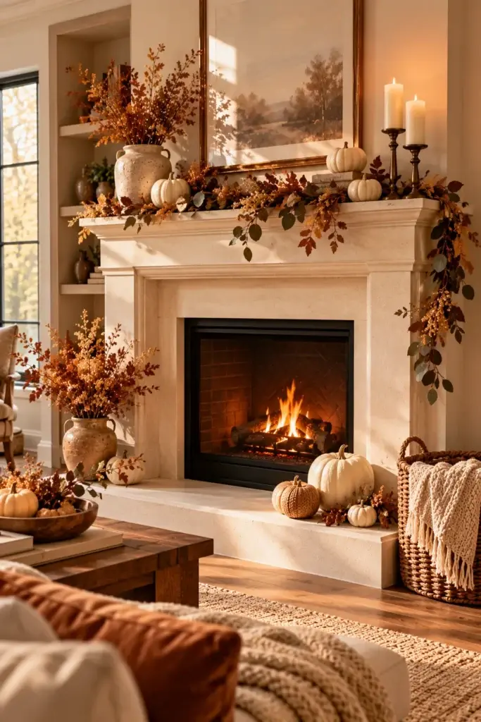 A warm living room scene featuring a lit fireplace, white pumpkins, and autumn leaf garlands on the mantel.