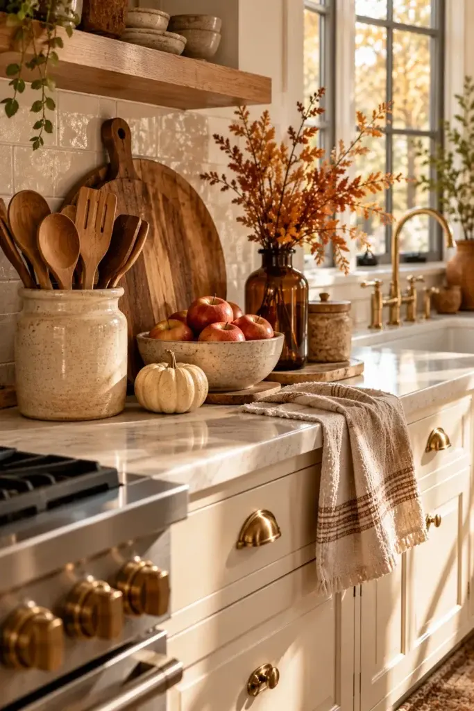 A kitchen counter featuring a small white pumpkin, a bowl of red apples, and a vase of dried orange branches next to a marble countertop and brass hardware.