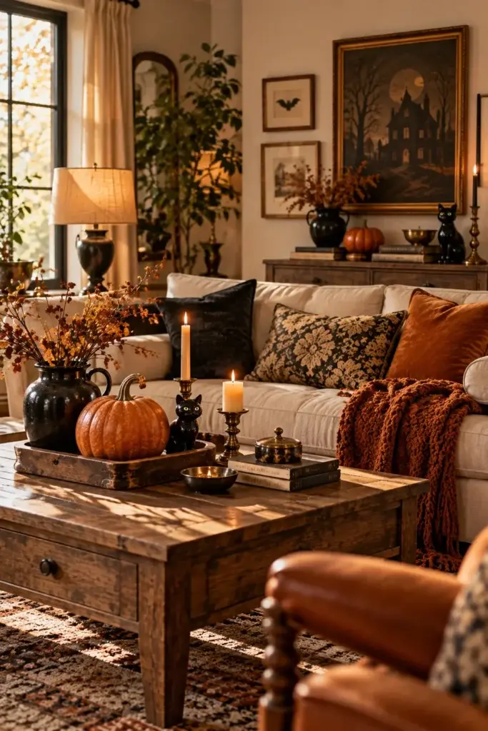 A rustic living room decorated for Halloween with a small pumpkin, black cat figurine, and dried branches on a wooden coffee table, set against a backdrop of a vintage haunted house painting and warm lighting.