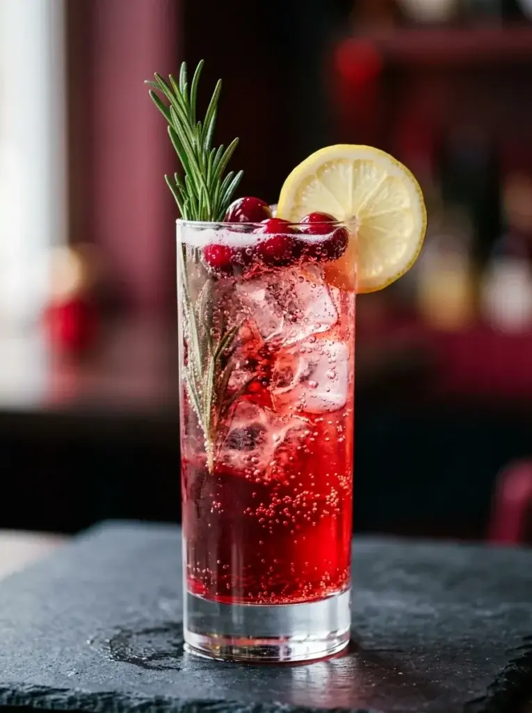 A tall glass filled with a red, bubbly drink, ice, fresh cranberries, a lemon slice, and a rosemary sprig, set on a dark stone surface.