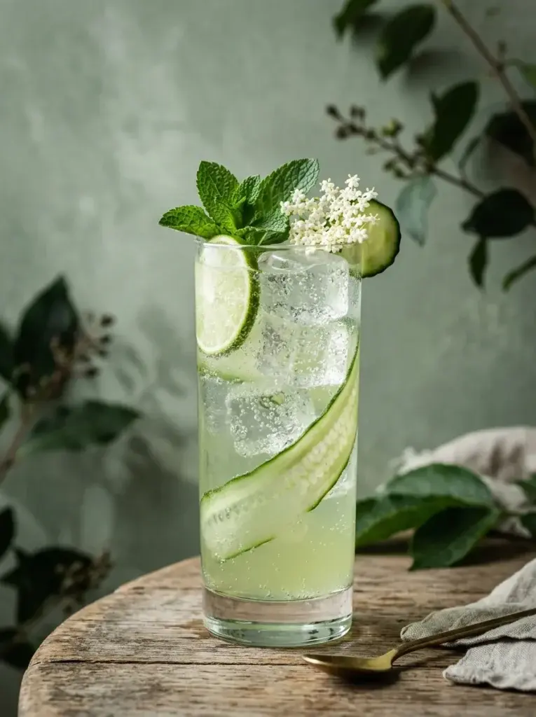 A tall glass of pale green cucumber and mint cocktail with ice, garnished with cucumber slices, mint leaves, and small white flowers, sitting on a rustic wooden table.