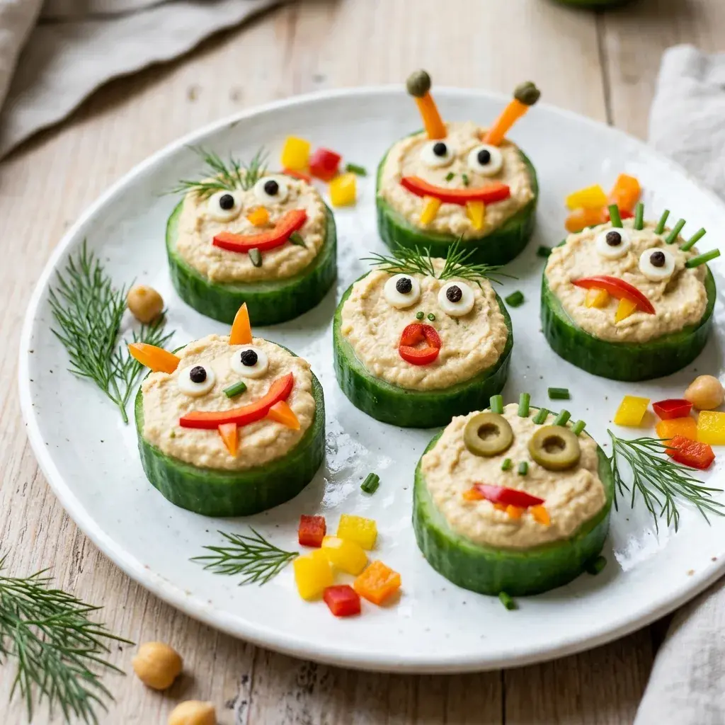 Cucumber rounds topped with hummus and decorated with peppers, olives, and dill to look like playful monster faces on a white plate.