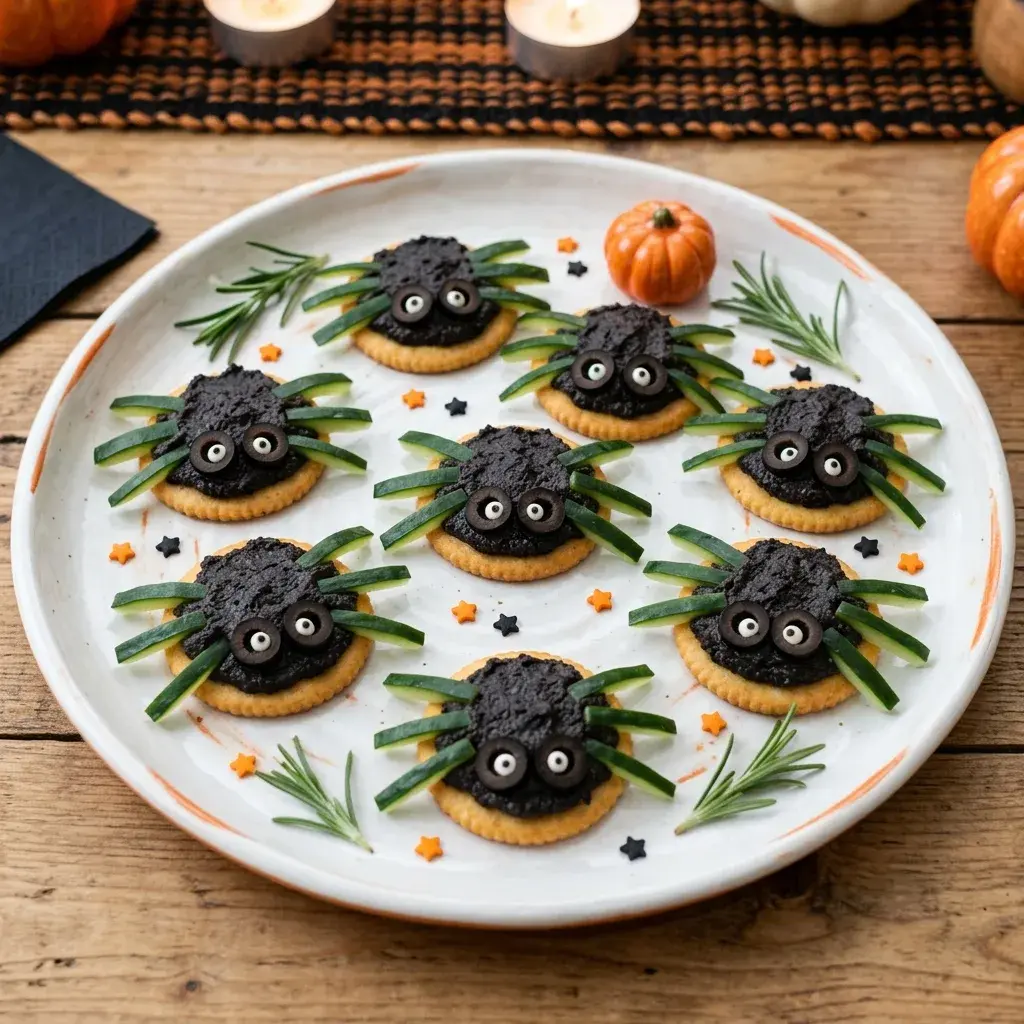 A white platter holding spider-shaped snacks made from round crackers, dark spread, cucumber strips for legs, and candy eyes, garnished with rosemary sprigs and star sprinkles.
