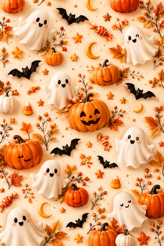 A repeating pattern of 3D-style white ghosts, orange pumpkins, black bats, and autumn leaves on a cream background.