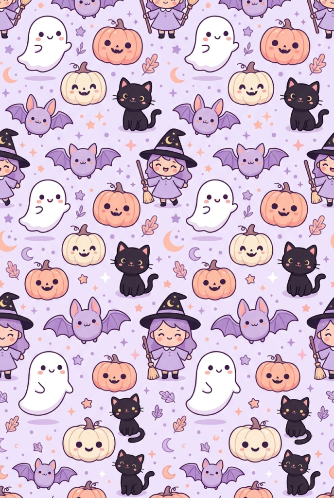 A repeating pattern of kawaii-style Halloween characters including ghosts, pumpkins, black cats, and bats on a light purple background.