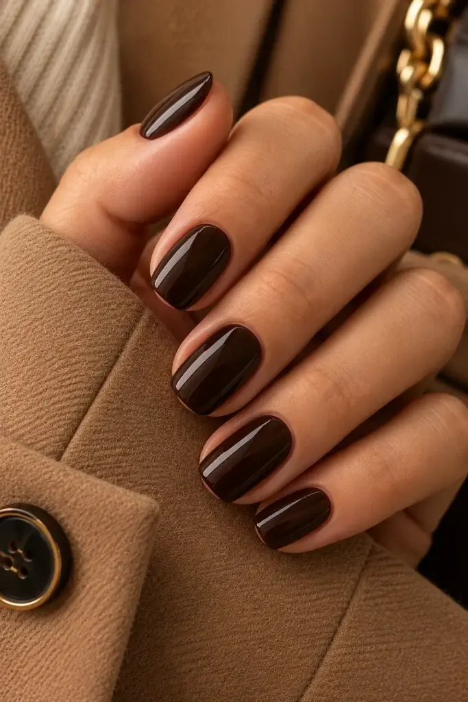 A close-up of hands with almond-shaped nails painted in a deep, glossy dark brown shade, resting on a textured tan coat sleeve.