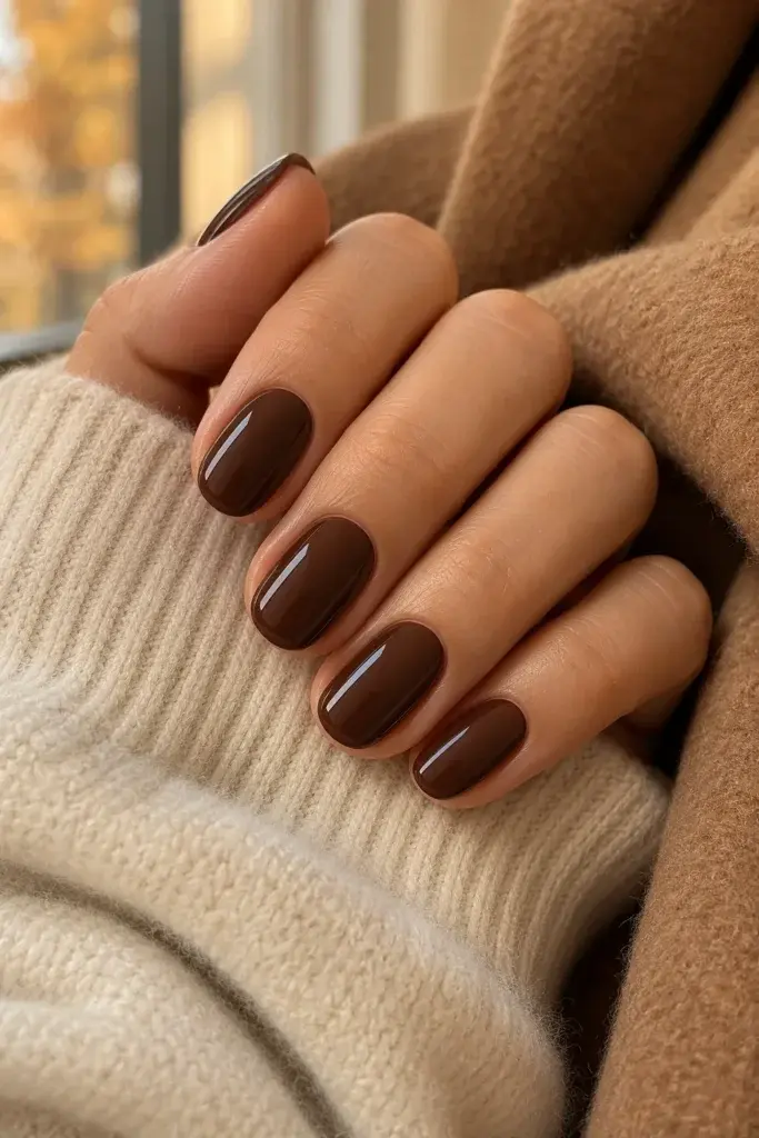 A close-up of hands with dark brown glossy nail polish resting on a cream ribbed knit sweater and a brown wool coat.