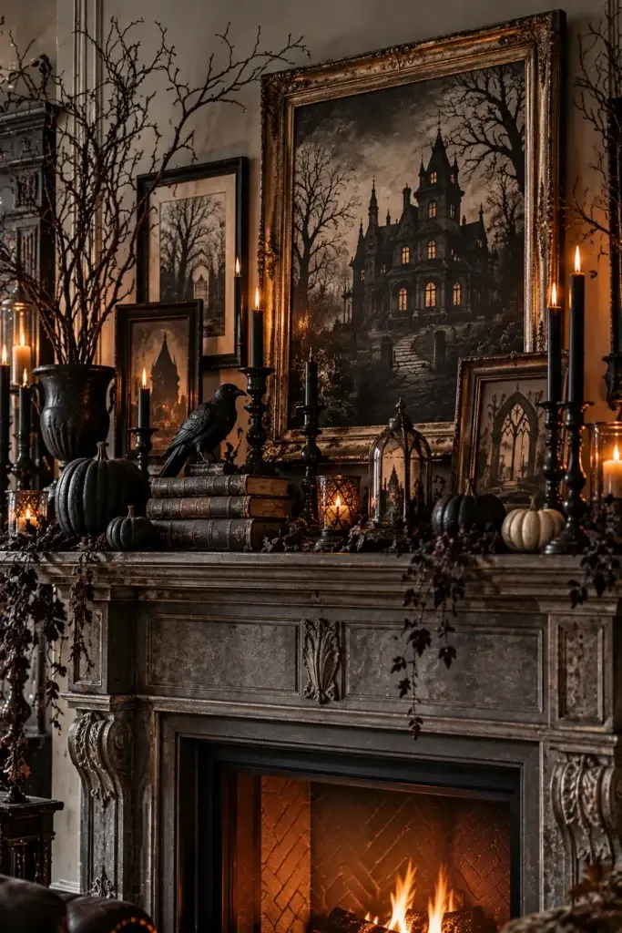 A dark stone fireplace mantel decorated with black pumpkins, a crow figurine, stacked books, and framed gothic art, illuminated by candlelight.