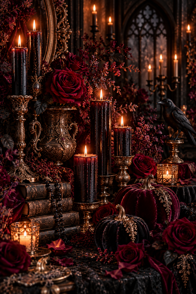 A moody Halloween arrangement featuring black candles, deep red roses, velvet pumpkins, and a black crow figurine set against a dark, ornate background.