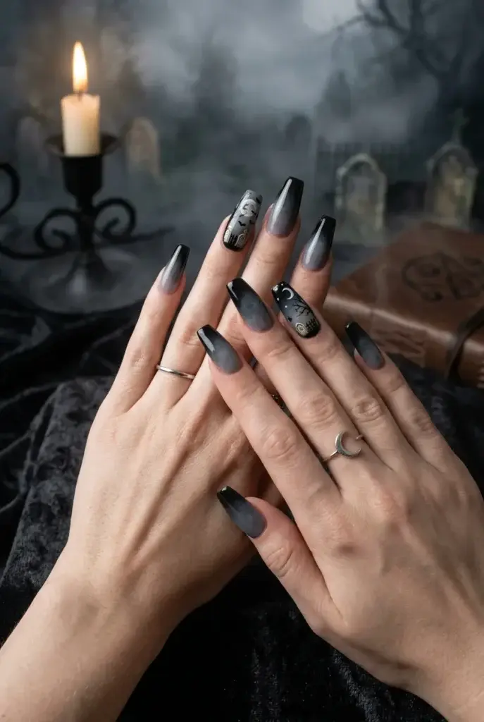 Hands with long, almond-shaped nails featuring a black-to-grey gradient and small moon and bat designs, set against a dark background with a lit candle.