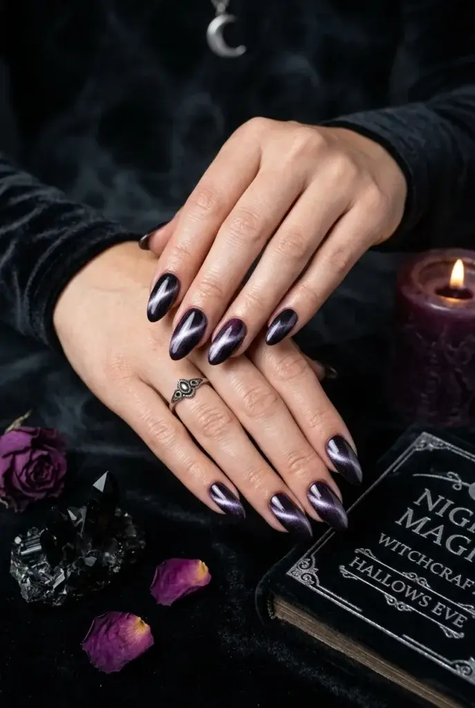 Hands with long, almond-shaped nails painted in a dark purple cat eye polish, resting near a black book, a lit purple candle, and scattered rose petals.