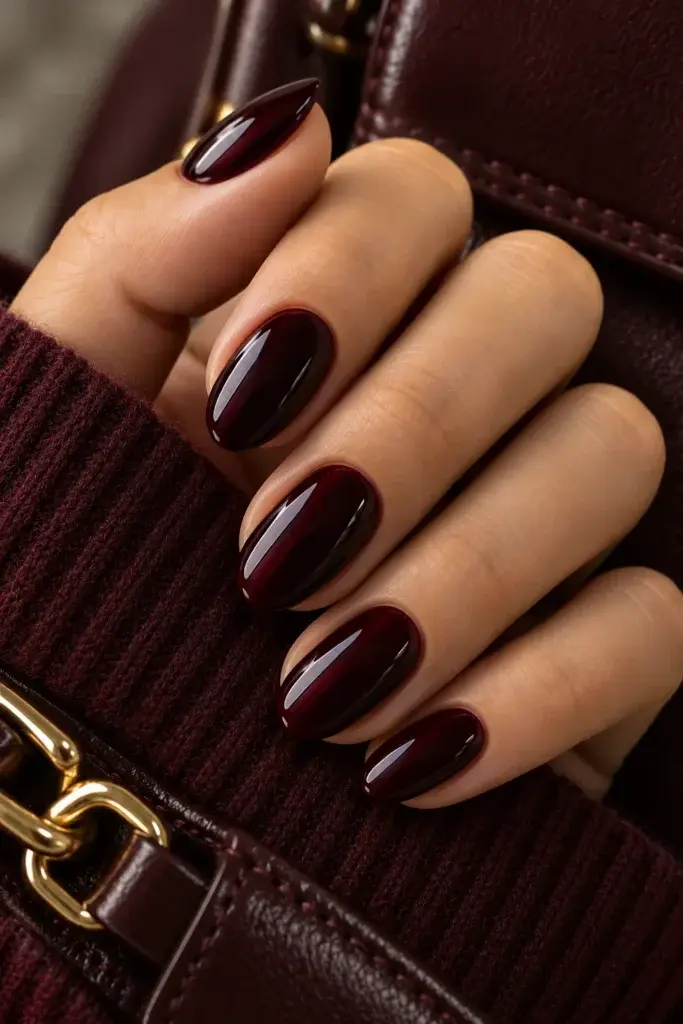 Close-up of a hand with glossy deep burgundy almond nails, wearing a maroon knit sweater and holding a brown leather bag with gold hardware.