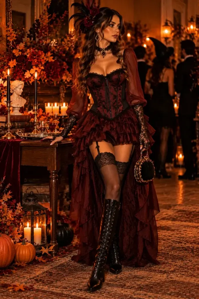 A woman in a dark red ruffled corset dress with lace gloves and a feathered headpiece stands in a candlelit room decorated with pumpkins and autumn leaves.