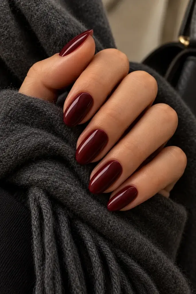 A close-up of hands with glossy deep burgundy almond-shaped nails resting on a dark gray knitted scarf.