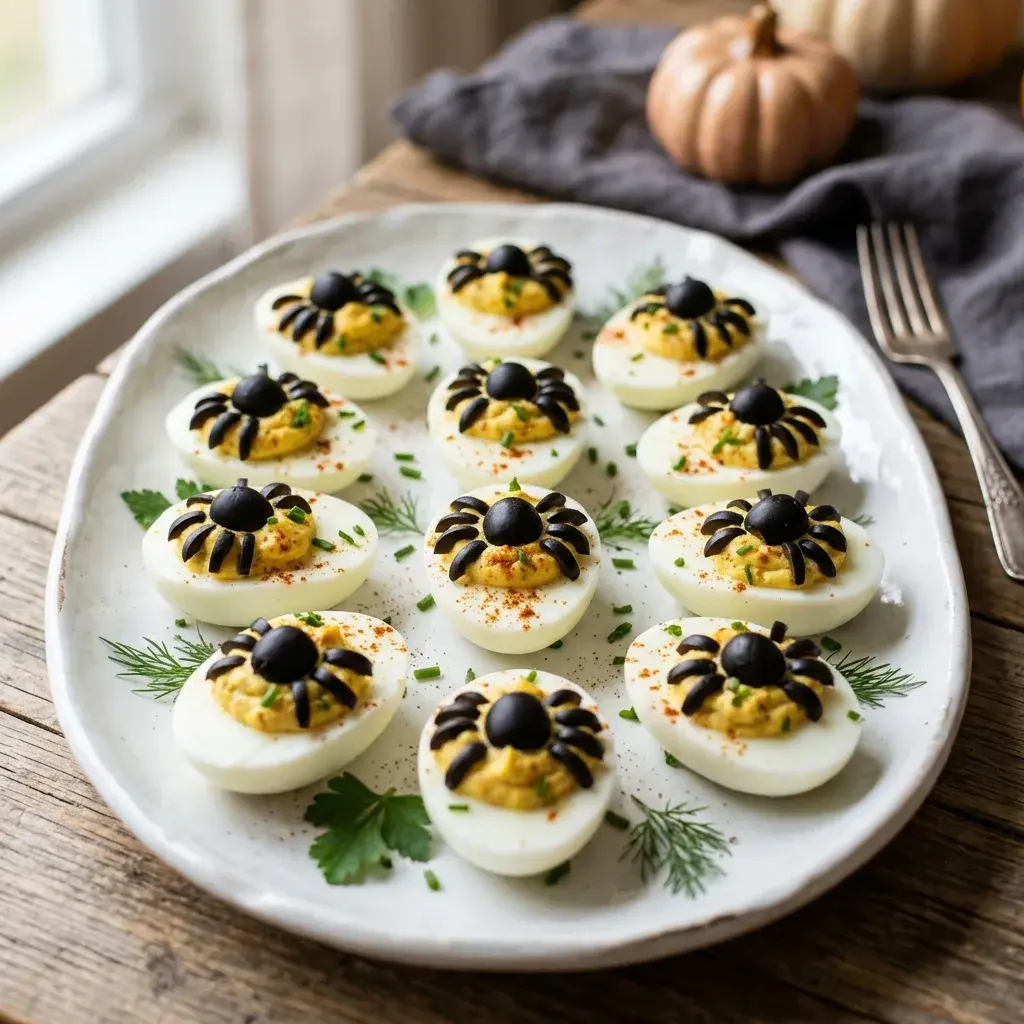 A white platter filled with deviled eggs topped with black spider decorations, garnished with herbs and paprika, set on a wooden table with small pumpkins in the background.