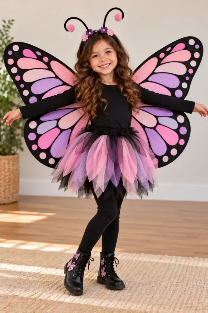 A smiling girl wearing a DIY butterfly costume with pink and purple wings, an antenna headband, and a tulle tutu skirt.