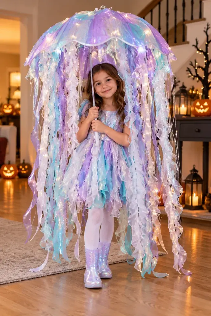 A young girl in a pastel dress holds a jellyfish costume umbrella decorated with hanging ribbons and warm fairy lights.