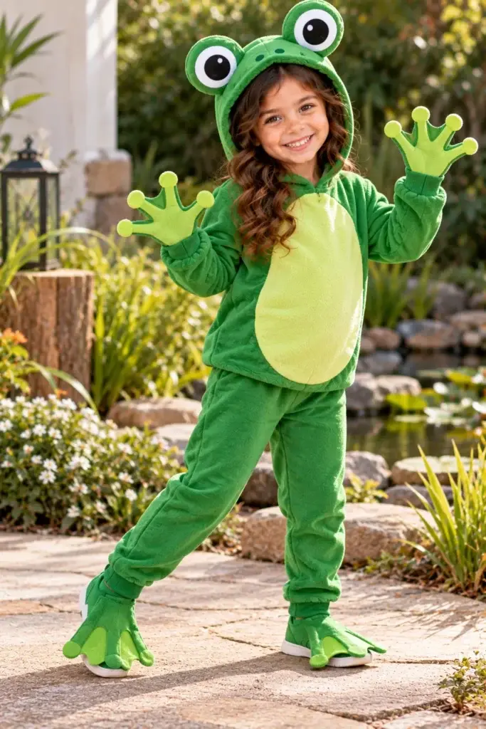 Young girl smiling outdoors wearing a green frog costume with big hood eyes, webbed gloves, and shoe covers.