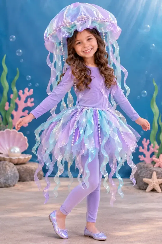 Young girl smiling in a purple jellyfish costume with an iridescent tentacle hat and ribbon skirt against an ocean backdrop.