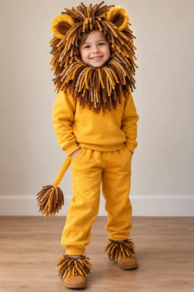 A child wearing a yellow sweatshirt and pants with a handmade lion mane made of brown and yellow yarn, including matching ear covers and tail.