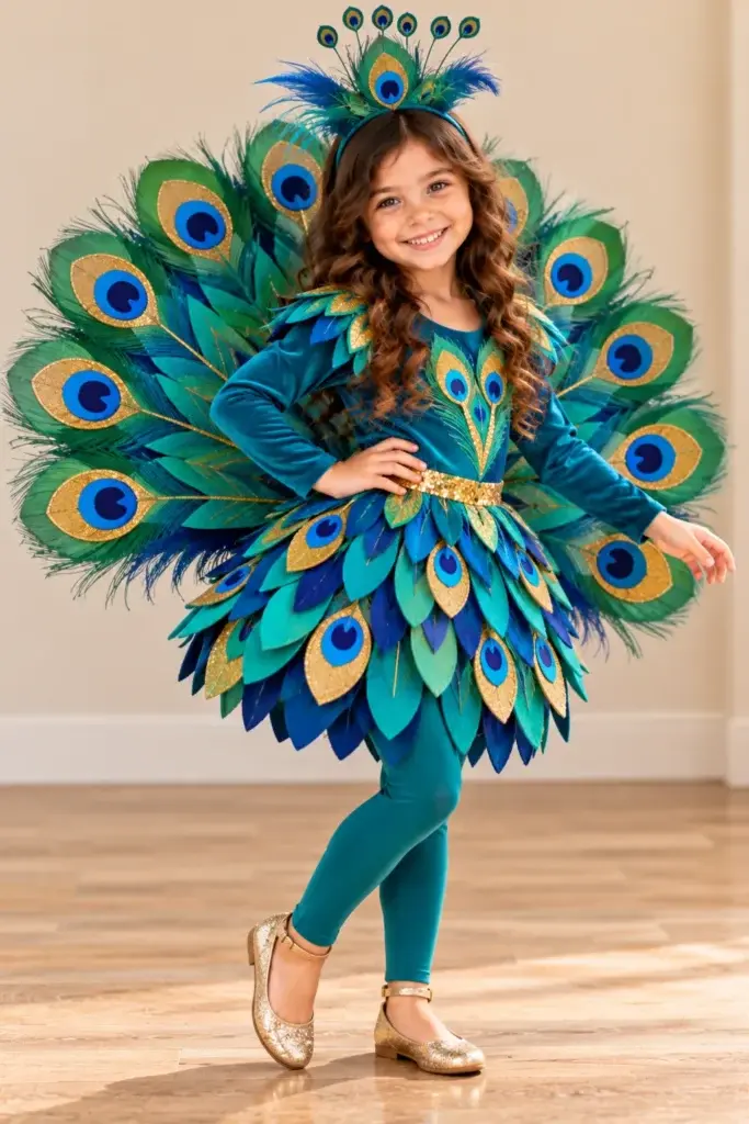 A young girl smiles in a peacock costume featuring layered blue and green feather shapes, a feathered tail, and a matching headband.
