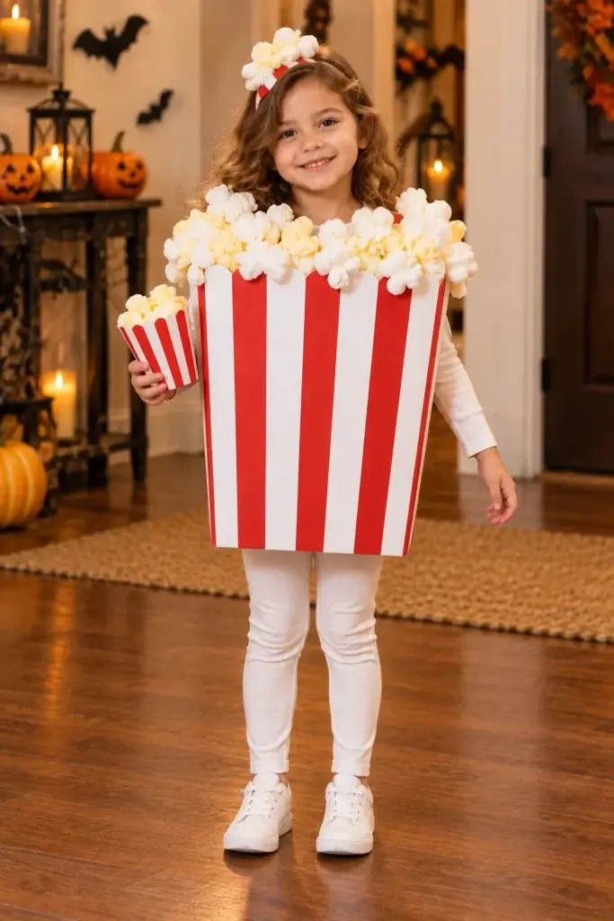 A girl wearing a DIY red and white striped popcorn box costume with a popcorn headband and small cup.