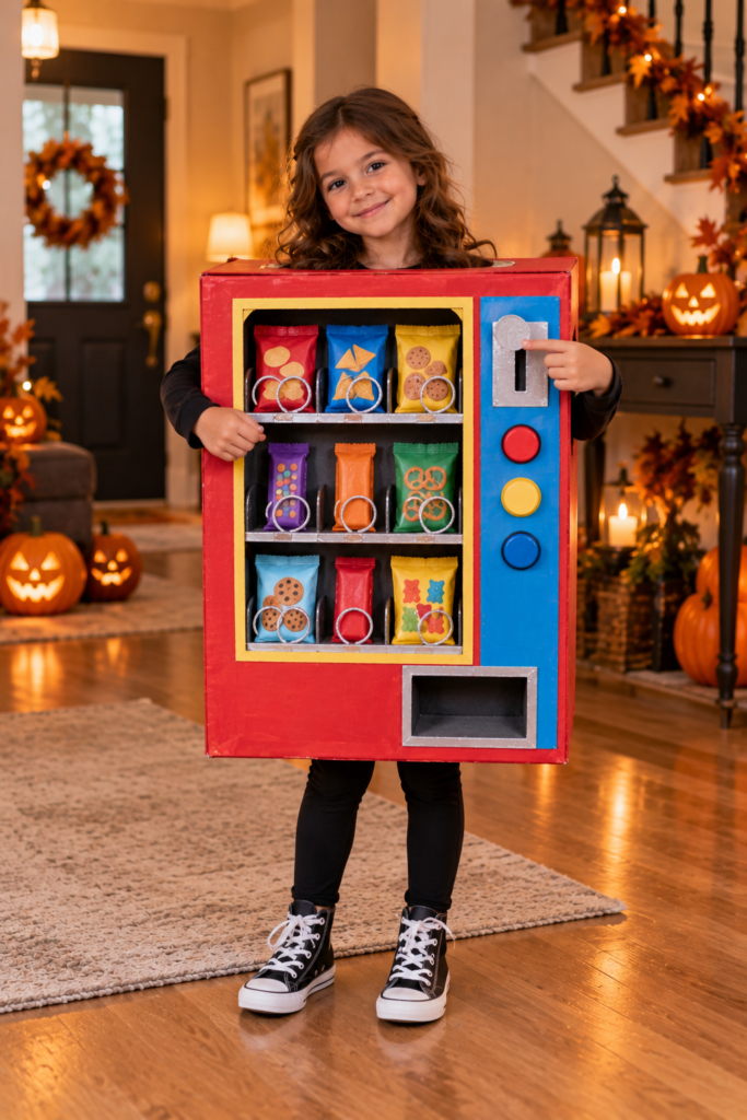 A young girl wearing a homemade cardboard vending machine costume filled with colorful snack bags, standing in a living room decorated with pumpkins and autumn garlands.