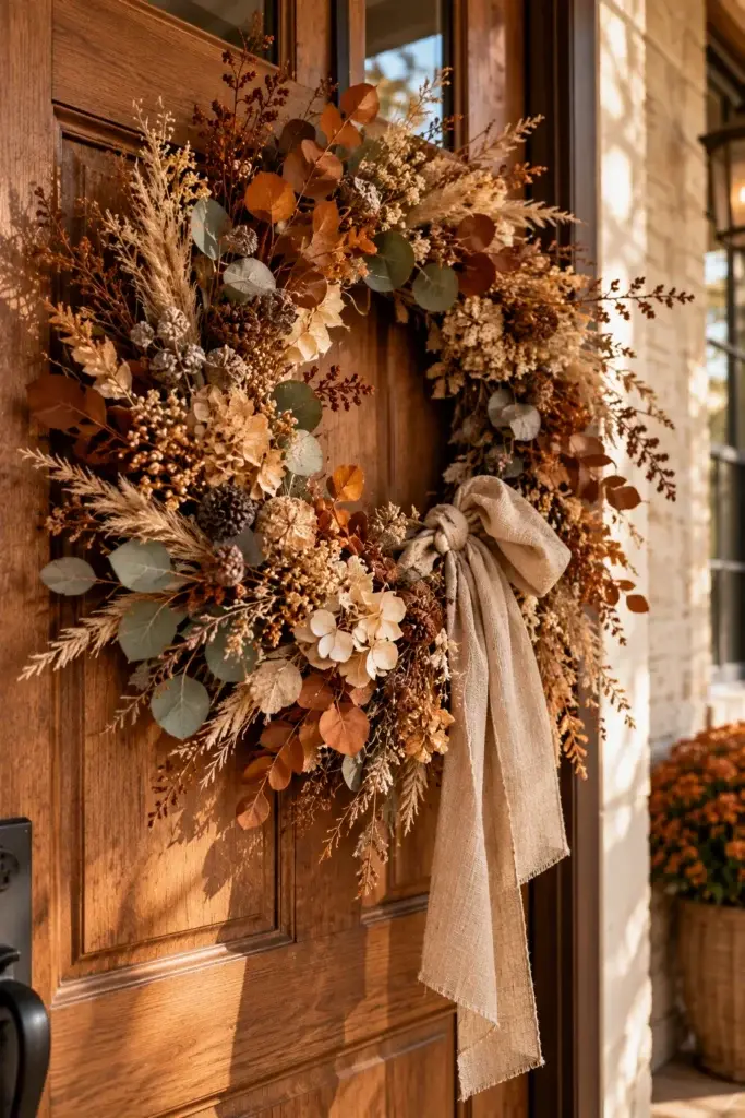 An autumn wreath with dried flowers, eucalyptus leaves, pinecones, and a burlap ribbon hanging on a wooden front door.