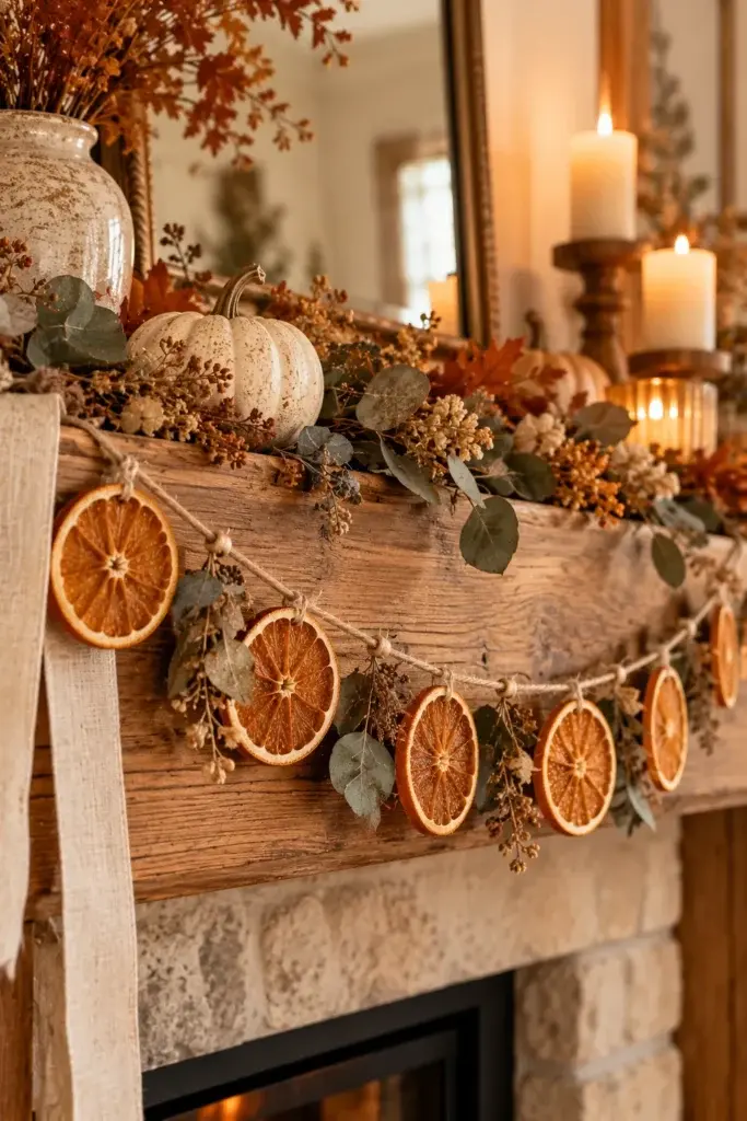 A rustic wooden mantel decorated with a garland of dried orange slices, eucalyptus leaves, and twine, accompanied by white pumpkins and lit candles.