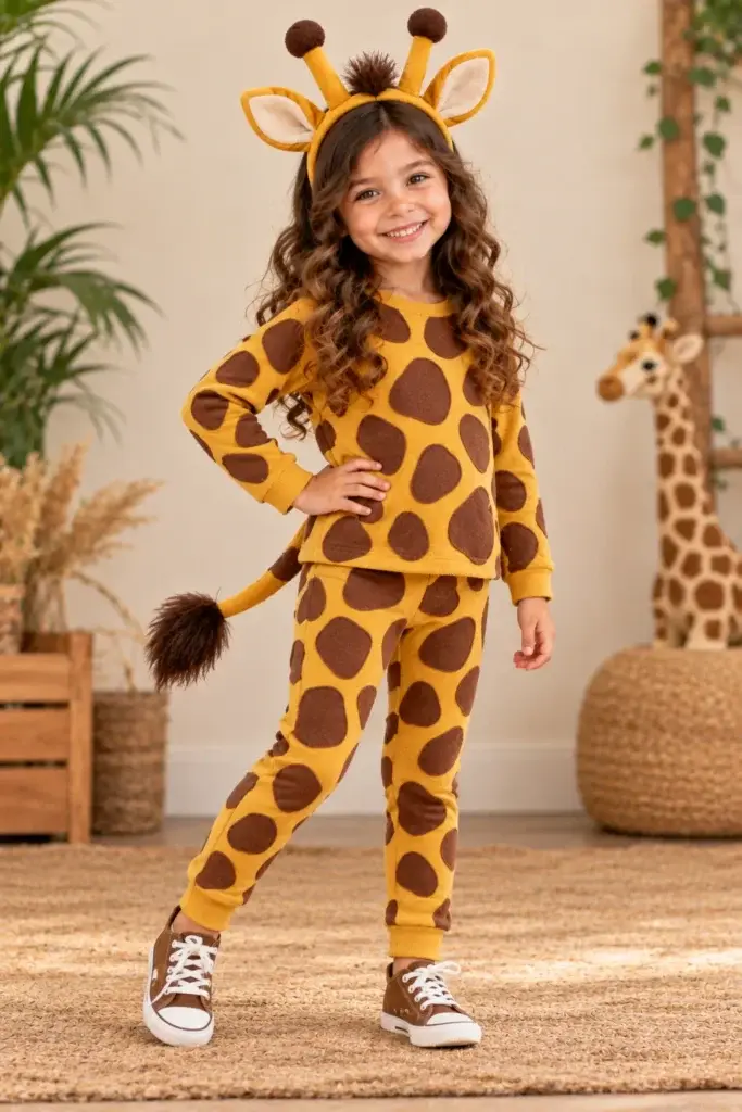 Young girl smiling in a DIY giraffe costume made of spotted yellow loungewear with a headband and tail.
